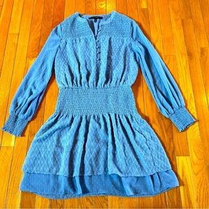 White House Black Market Midi Dress Women's Size XS Blue Smocked Button Tiered
